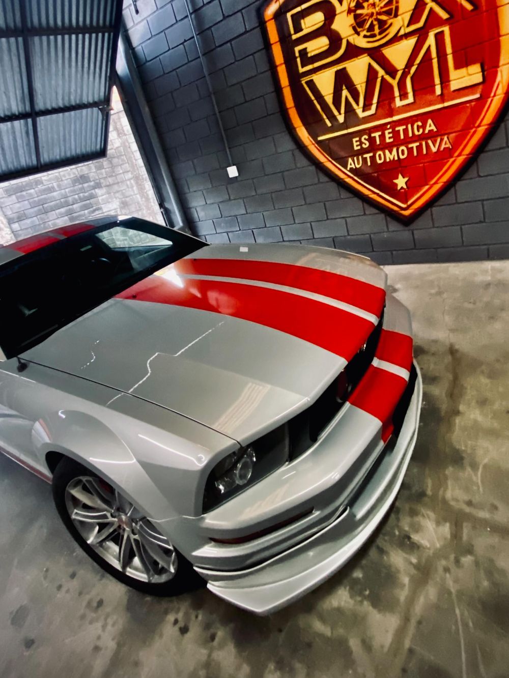 Mustang no estúdio com o logo da Box WYL